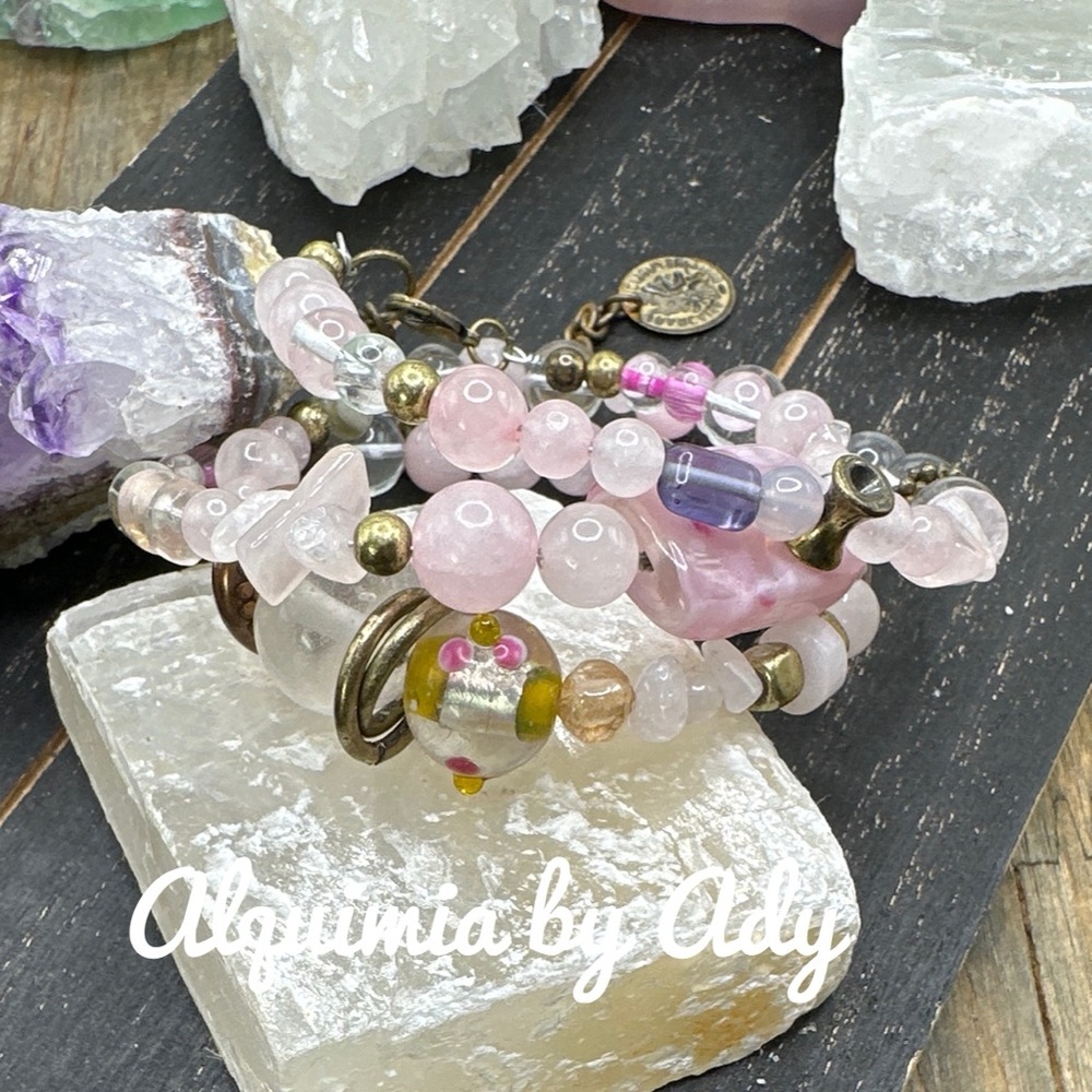 Pink Quartz triple layered bracelet gold statement adjustable maximalist stack